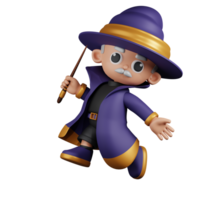 3d Character Wizard Happy Jumping Pose. 3d render isolated on transparent backdrop. png