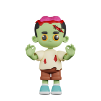 3d Charakter Zombie geben in Ordnung Hand Geste Pose. 3d machen isoliert auf transparent Hintergrund. png