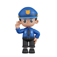 3d Character Policeman Pointing Up Pose. 3d render isolated on transparent backdrop. png