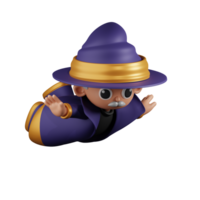 3d Character Wizard Flying Pose. 3d render isolated on transparent backdrop. png