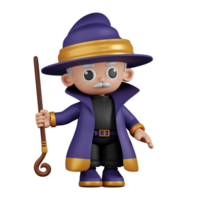 3d Character Wizard Holding His Stick Upside Down Pose. 3d render isolated on transparent backdrop. png