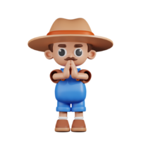 3d Charakter Farmer entschuldige mich Pose. 3d machen isoliert auf transparent Hintergrund. png