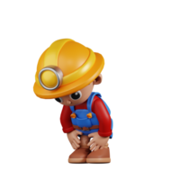 3d Character Miner Taking A Break Pose. 3d render isolated on transparent backdrop. png