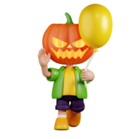 3d Character Pumpkin Holding a Balloon Pose. 3d render isolated on transparent backdrop. png