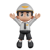 3d Character Pilot Jumping Celebration Pose. 3d render isolated on transparent backdrop. png