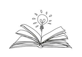 Light bulbs and book , inspiration of ideas , open book design, continuous line art, vector illustration