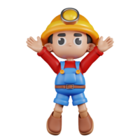 3d Character Miner Jumping Celebration Pose. 3d render isolated on transparent backdrop. png