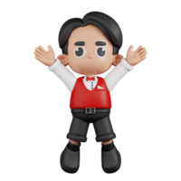 3d Character Waitress Jumping Celebration Pose. 3d render isolated on transparent backdrop. png