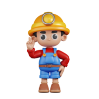 3d Character Miner Pointing Up Pose. 3d render isolated on transparent backdrop. png