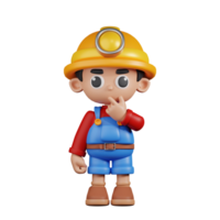 3d Character Miner Curious Pose. 3d render isolated on transparent backdrop. png