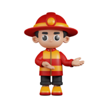 3d Character Firefighter Pointing To Something Pose. 3d render isolated on transparent backdrop. png