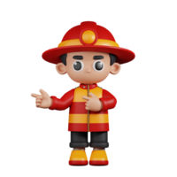 3d personagem bombeiro apontando dedos dentro direção pose. 3d render isolado em transparente pano de fundo. png