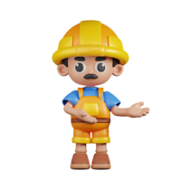 3d personagem construtor apontando para alguma coisa pose. 3d render isolado em transparente pano de fundo. png