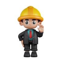 3d Character Engineer Hands Up Pose. 3d render isolated on transparent backdrop. png