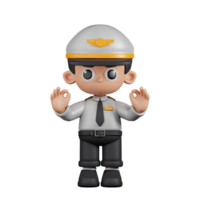 3d personagem piloto dando Está bem mão gesto pose. 3d render isolado em transparente pano de fundo. png