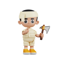 3d Character Mummy With A Sharp Axe Pose. 3d render isolated on transparent backdrop. png