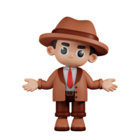 3d Character Detective Doing The No Idea Pose. 3d render isolated on transparent backdrop. png