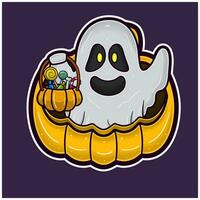 White Ghost On Big Pumpkin Cartoon. Halloween Sticker Logo. vector