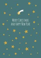 Christmas greeting card with a sky full of golden stars, green background and the text Merry Christmas and Happy New Year vector