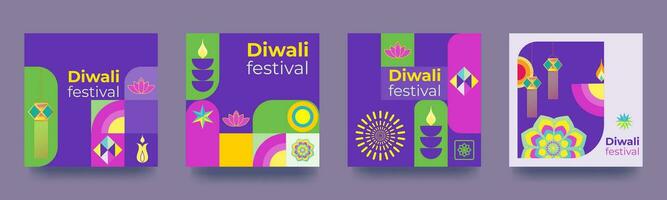 Social media post template for Diwali celebration. Colorful geometric poster in minimalist style. Vector illustration.