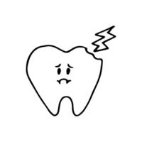 Unfortunate tooth in doodle style. Vector illustration on the topic of brushing teeth isolated on white background