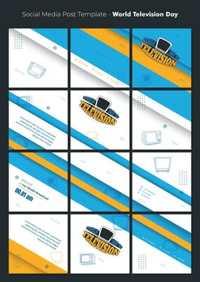 Social media template in blue white gradient background and television line art for television day
