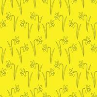 Seamless pattern black contour flowers daffodils on a yellow background, continuous line. Doodle vector illustration, background for packaging, textile, wallpaper