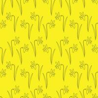 sin costura modelo negro contorno flores narcisos en un amarillo fondo, continuo línea. garabatear vector ilustración, antecedentes para embalaje, textil, fondo de pantalla