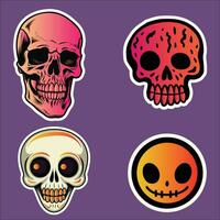 Four Sticker Set of Skulls and Smiley Faces on Purple Background vector
