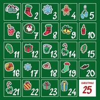 Square advent calendar with numbers and Christmas symbols on a green background. Template for print and web design vector