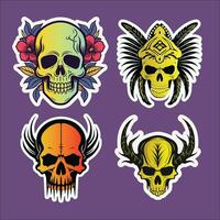 Four Unique Skull Stickers with Floral, Diamond, Flame, and Horn vector