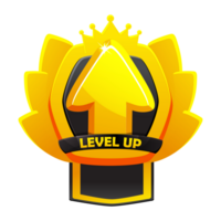 Game level up badge icon with raising arrow, crown, and shield. Winner evaluation UI or GUI app element png