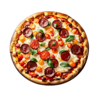 Pizza with cherry tomatoes and mozzarella on wood PNG AI Generative