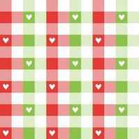 Light green and red plaid pattern with heart background. plaid pattern background. plaid background. Seamless pattern. for backdrop, decoration, gift wrapping, gingham tablecloth, blanket, tartan. vector