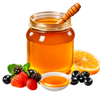 Natural jar of liquid honey products with fruits and wooden spoon  isolated on a transparent background AI Generative png