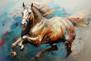 Watercolor horse painting, abstract drawing of a running paint splashed horse, Generative AI illustration photo
