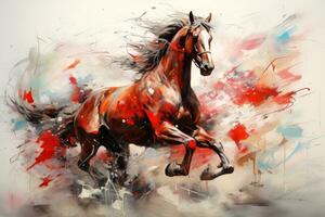 Watercolor horse painting, abstract drawing of a running paint splashed horse, Generative AI illustration photo