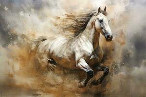 Watercolor horse painting, abstract drawing of a running paint splashed horse, Generative AI illustration photo