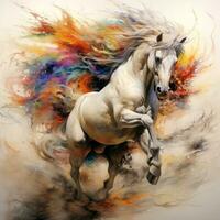 Watercolor horse painting, abstract drawing of a running paint splashed horse, Generative AI illustration photo