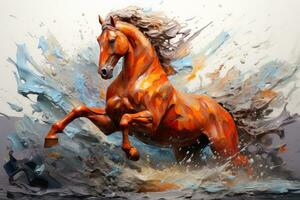 Watercolor horse painting, abstract drawing of a running paint splashed horse, Generative AI illustration photo