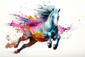 Watercolor horse painting, abstract drawing of a running paint splashed horse, Generative AI illustration photo