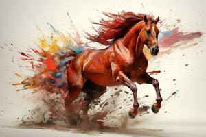 Watercolor horse painting, abstract drawing of a running paint splashed horse, Generative AI illustration photo