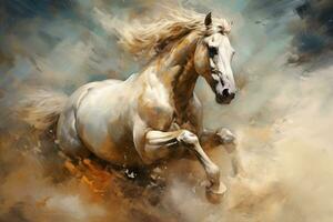 Watercolor horse painting, abstract drawing of a running paint splashed horse, Generative AI illustration photo