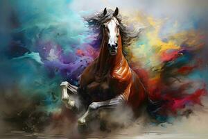 Watercolor horse painting, abstract drawing of a running paint splashed horse, Generative AI illustration photo