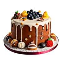 Geburtstag Kuchen dekoriert mit Kekse, und Pralinen auf ein transparent Hintergrund ai generativ png