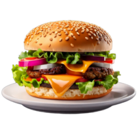 A tempting burger on a plate, isolated on a transparent background. Fresh, tasty, and appetizing with delicious layers AI Generative png