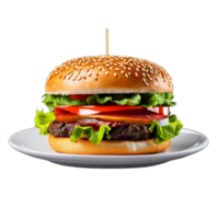 A tempting burger on a plate, isolated on a transparent background. Fresh, tasty, and appetizing with delicious layers AI Generative png