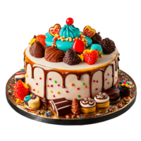 Birthday Cake decorated with cookies, and chocolates on a transparent background AI Generative png