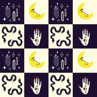 Spooky Mystical Pattern with Magical symbols snakes, moon, hands. vector