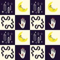 Spooky Mystical Pattern with Magical symbols snakes, moon, hands. vector